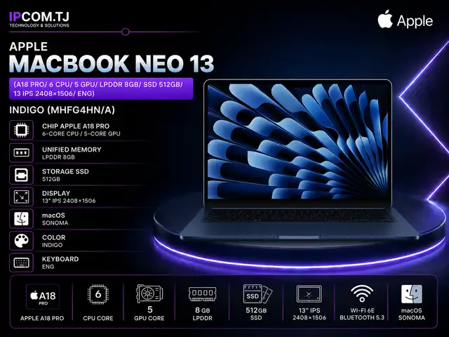 Ноутбук Apple Macbook Neo 13 A18 Pro/ 6 CPU/ 5 GPU/ LPDDR 8GB/ SSD 512GB/ 13, Хуҷанд