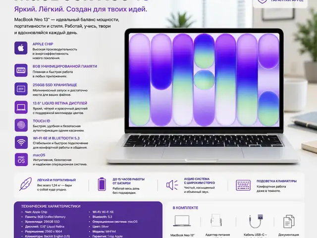 Ноутбук Apple MacBook Neo 13.6, Apple Chip, 8 ГБ, SSD 256 ГБ, Silver, MHFA4, Душанбе