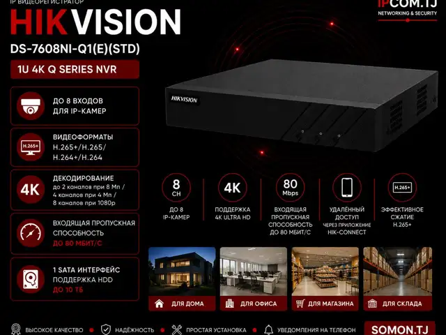 Видеорегистратор IP Hikvision DS-7608NI-Q1 E STD, Хуҷанд