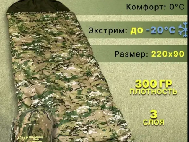 Спальный мешок-одеяло с капюшоном - 20C 220х180 см на флисе, Душанбе