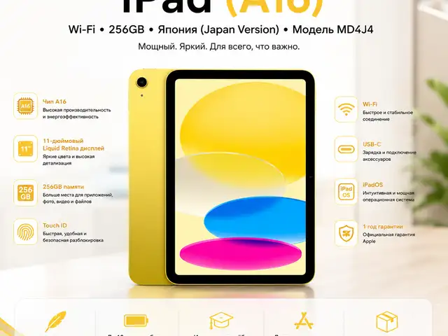 Планшет Apple iPad A16 11, Wi-Fi, 256 ГБ, Japan Version, Yellow, MD4J4, Душанбе