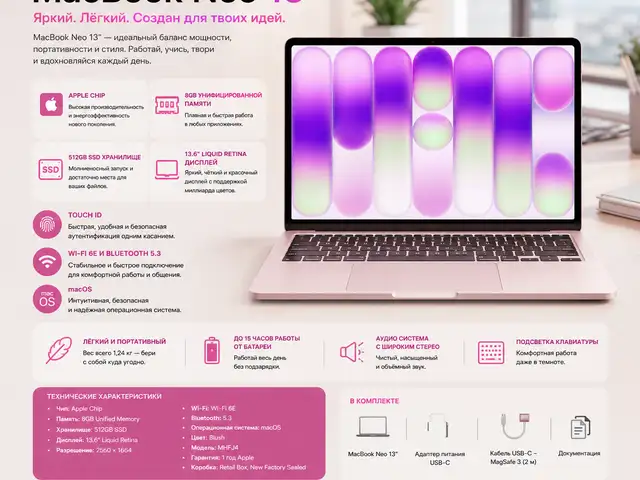 Ноутбук Apple MacBook Neo 13.6, Apple Chip, 8 ГБ, SSD 512 ГБ, Blush, MHFJ4, Душанбе