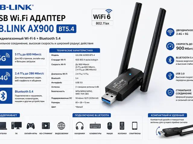 USB Wi.Fi адаптер LB.LINK AX900 BT5.4, Худжанд
