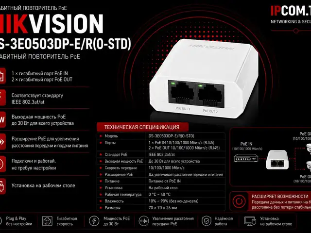 Гигабитный повторитель PoE Hikvision DS-3E0503DP-E/R O-STD, Хуҷанд