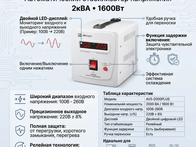 Автоматический стабилизатор напряжения Mercury AVR A2000L AVS-2000 PLUS, Душанбе