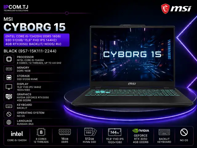 Ноутбук MSI CYBORG 15 Intel Core i5-13420H/ DDR5 16GB/ SSD 512GB/ 15,6 FHD IPS 144Hz, Хуҷанд