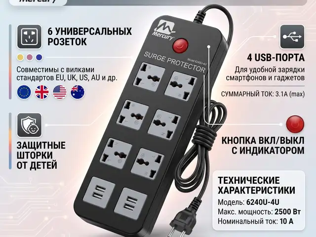 Сетевой фильтр Mercury Surge Protector 6240U, Душанбе