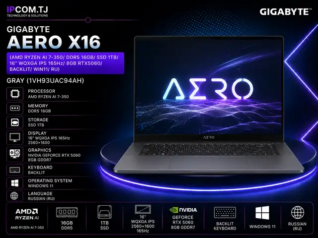 Ноутбуки GIGABYTE AERO X16 AMD Ryzen AI 7-350/ DDR5 16GB/ SSD 1TB/ 16 WQXGA IPS 165Hz, Хуҷанд