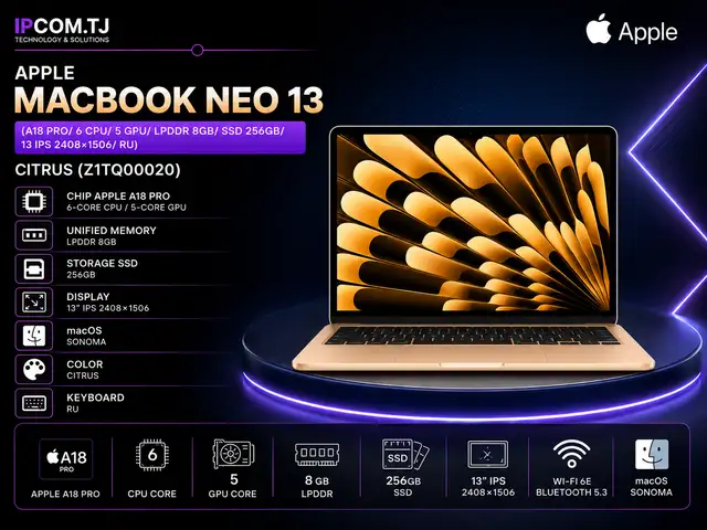 Ноутбук Apple Macbook Neo 13 A18 Pro/ 6 CPU/ 5 GPU/ LPDDR 8GB/ SSD 256GB/ 13, Хуҷанд