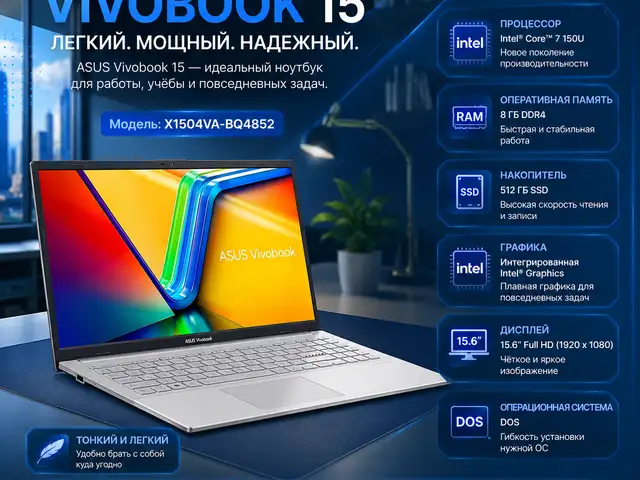 Ноутбук Asus Vivobook 15 X1504VA-BQ4852, Core 7 8gb 512gb SSD Full HD Silver, Душанбе