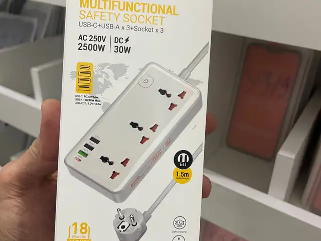 Сетевой фильтр Hoco AC8A, 3USB+3BIT+USB-C, 2500W, DC 30W, Душанбе