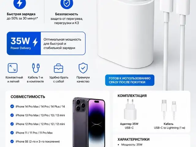 Быстрая зарядка USBC 35W для iPhone 14 Pro Max с кабелем USBC, Душанбе