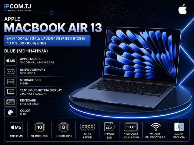 Ноутбук Apple MacBook Air 13 M5/ 10CPU/ 8GPU/ LPDDR 16GB/ SSD 512GB/ 13.6 2560x1, Хуҷанд