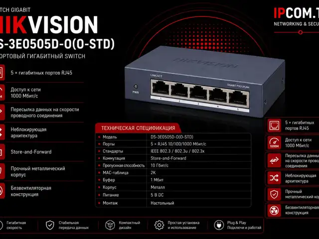 Коммутатор Swich Hikvision Gigabit DS-3E0505-O O-STD, Хуҷанд