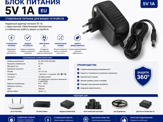 Блок питания 5V1A EU, Худжанд