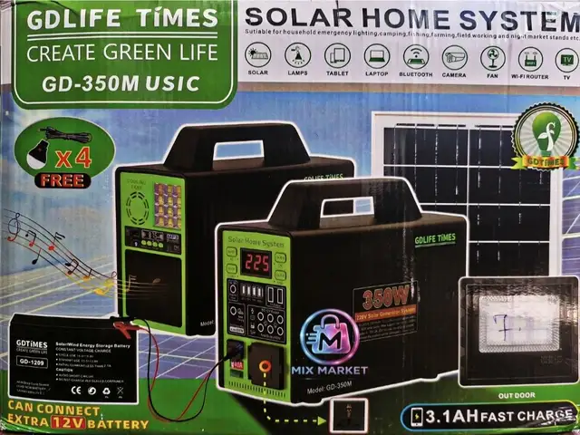 Солнечная домашняя система 350W|75W панель, 4 лампы, прожектор | 220V AC., Душанбе