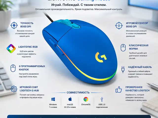 Игровая мышь Logitech G203 LIGHTSYNC, Blue, USB, 910-005798, Душанбе