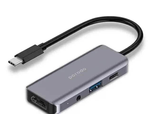 Адаптер Porodo 4in1 USB-C Hub Type-C PD 100W HDMI USB 3.5mm Aux серый, Душанбе