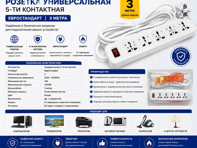 Розетка универсальная 5.ти контактная, евростандарт. 3 метра, Худжанд