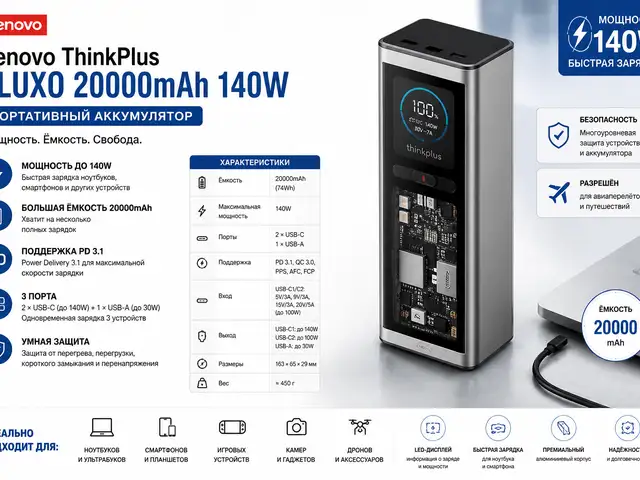 Портативный аккумулятор Power Bank Lenovo ThinkPlus FLUXO 20000mAh 140W, Худжанд