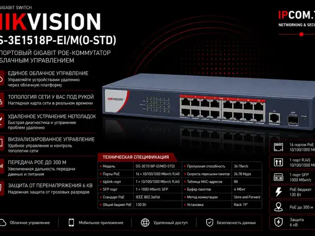 Коммутатор Switch POE Gigabit Hikvision DS-3E1518P-EI/M O-STD, Хуҷанд